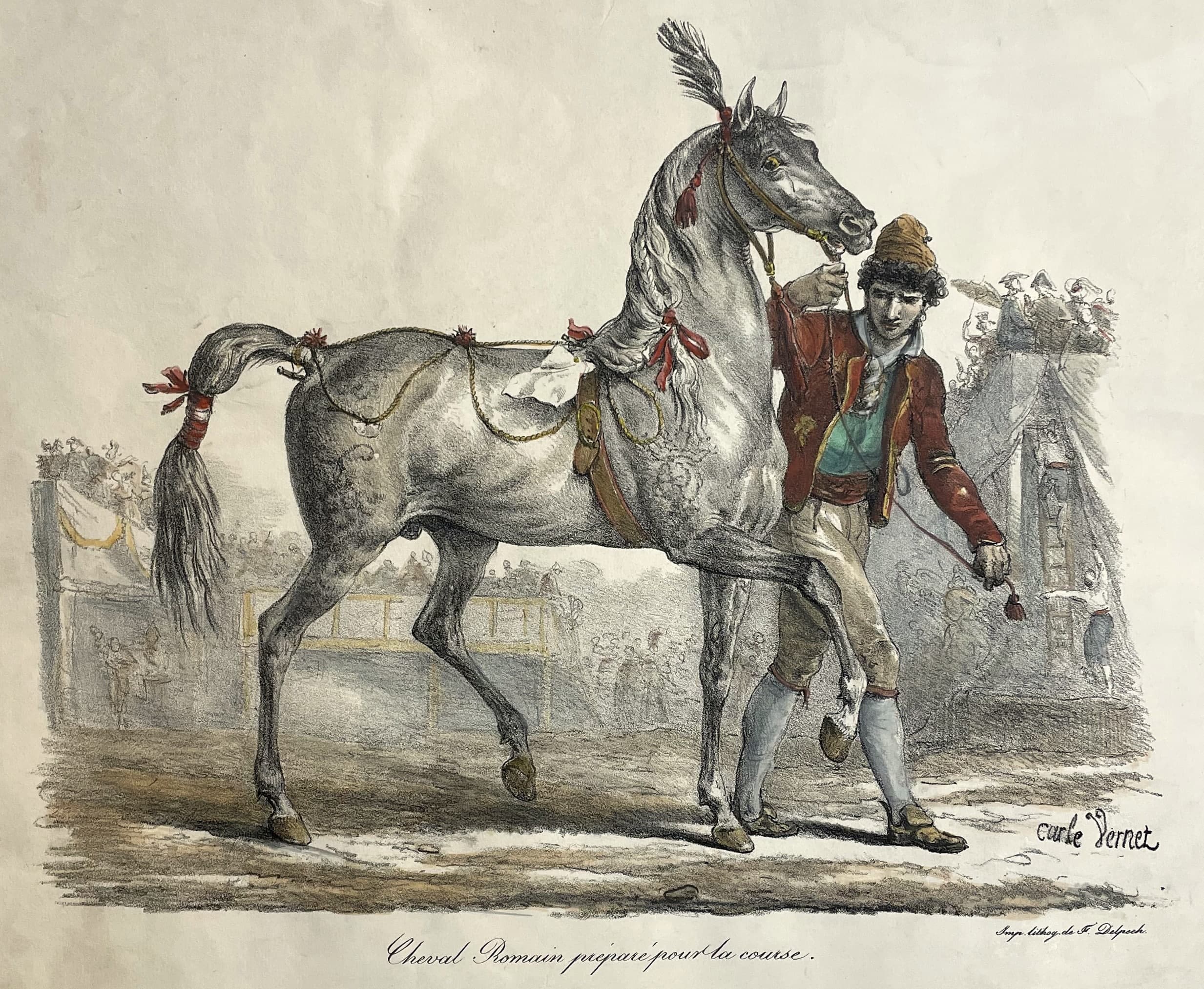 Cheval Romain préparé pour la course.