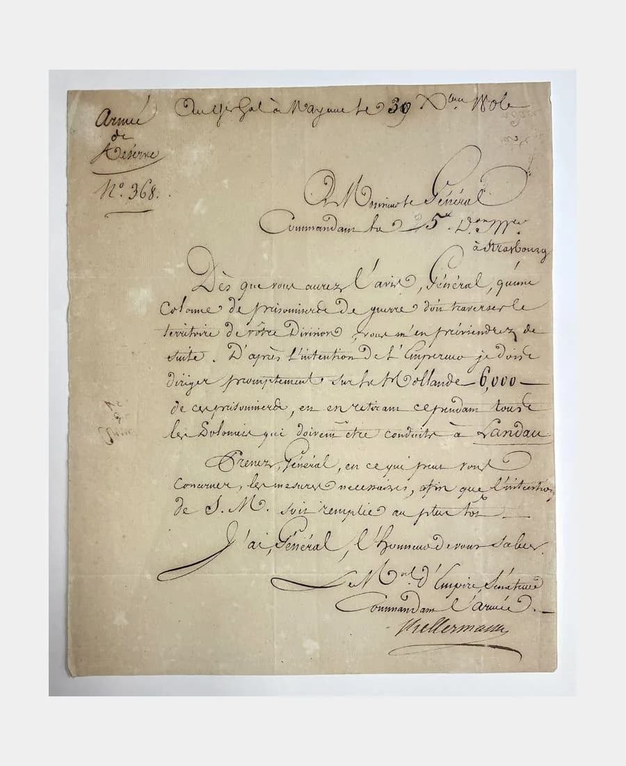 Lettre autographe signée de François-Étienne-Christophe Kellermann au Général Desbureaux, datée du 30 novembre 1806.