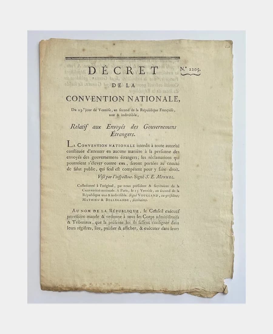 Décret de la Convention Nationale, du 13e jour de ventôse, an second de la République Française, une & indivisible, relatif aux envoyés des gouvernemens étranges.