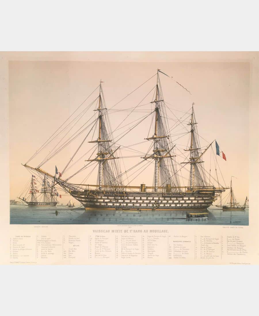 Vaisseau mixte de 1er rang au mouillage, corvette pavoisée, chaloupe armée en cutter.