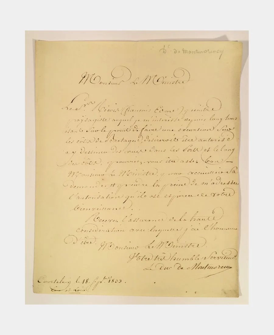 Lettre du Duc de Montmorency adressé au Ministre demandant une autorisation pour le peintre Ricois