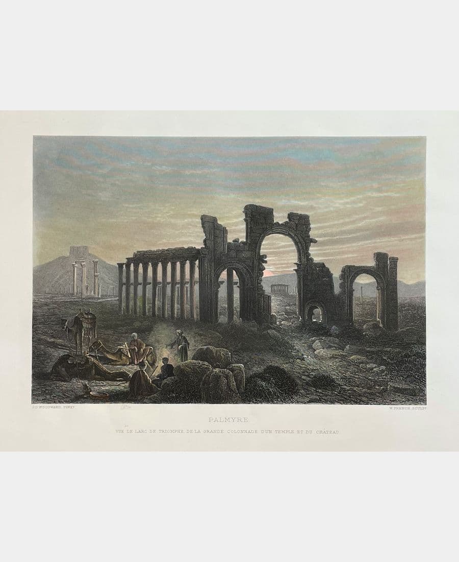 Palmyre. Vue de l'arc de triomphe, de la grande colonnade, d'un temple et du château