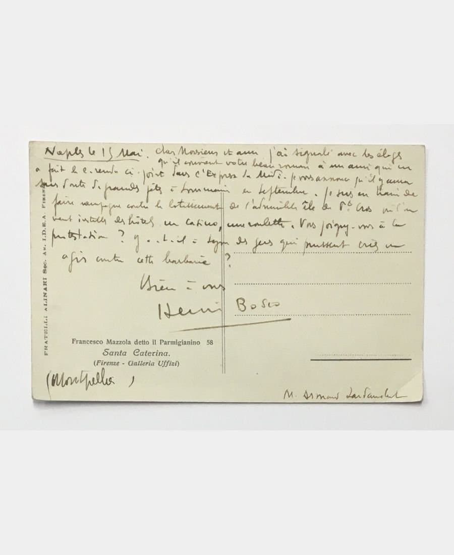Carte postale autographe de Henri Bosco à Armand Lardanchet