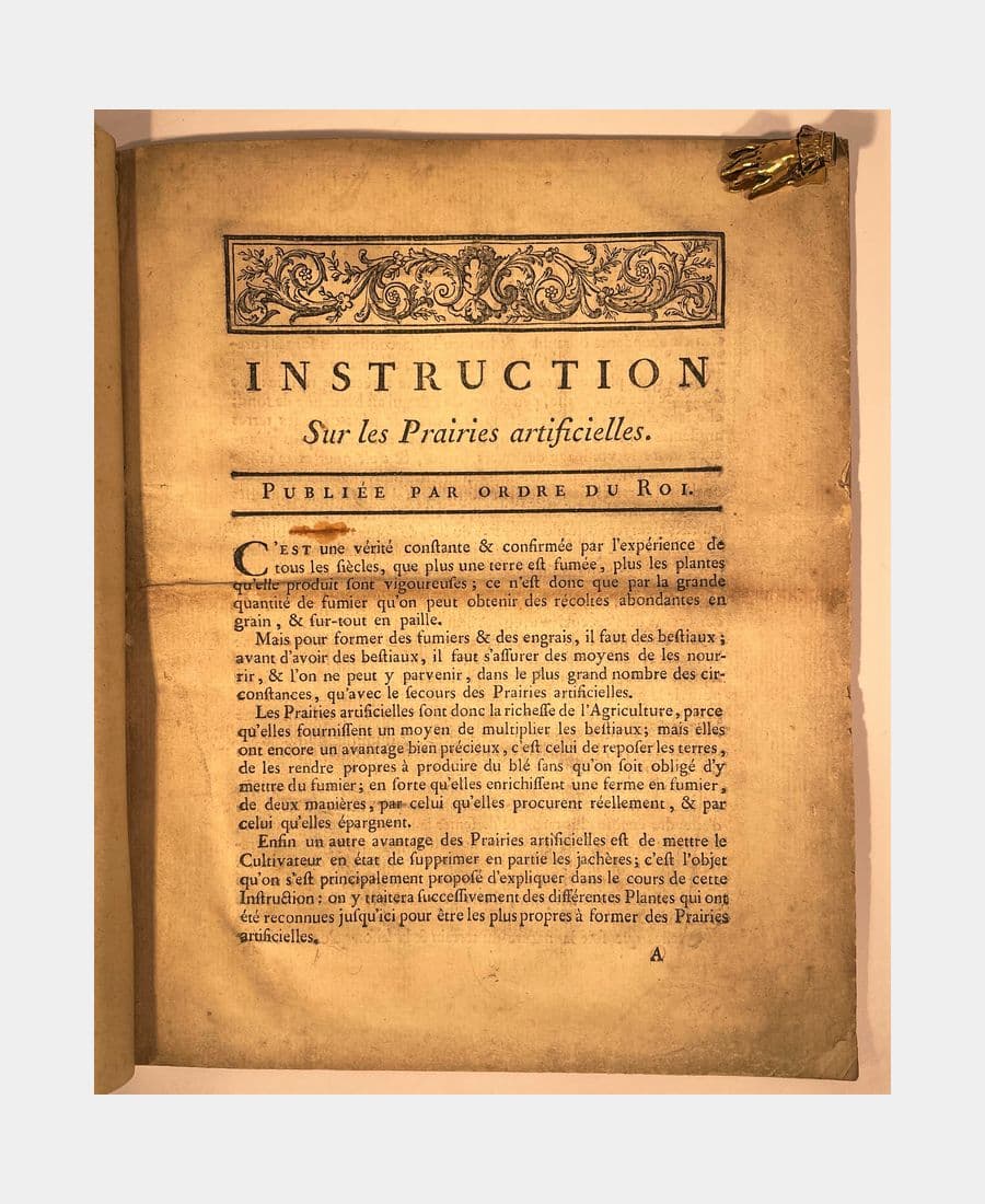 Instruction sur les Prairies artificielles. Publiée par orde du Roi.