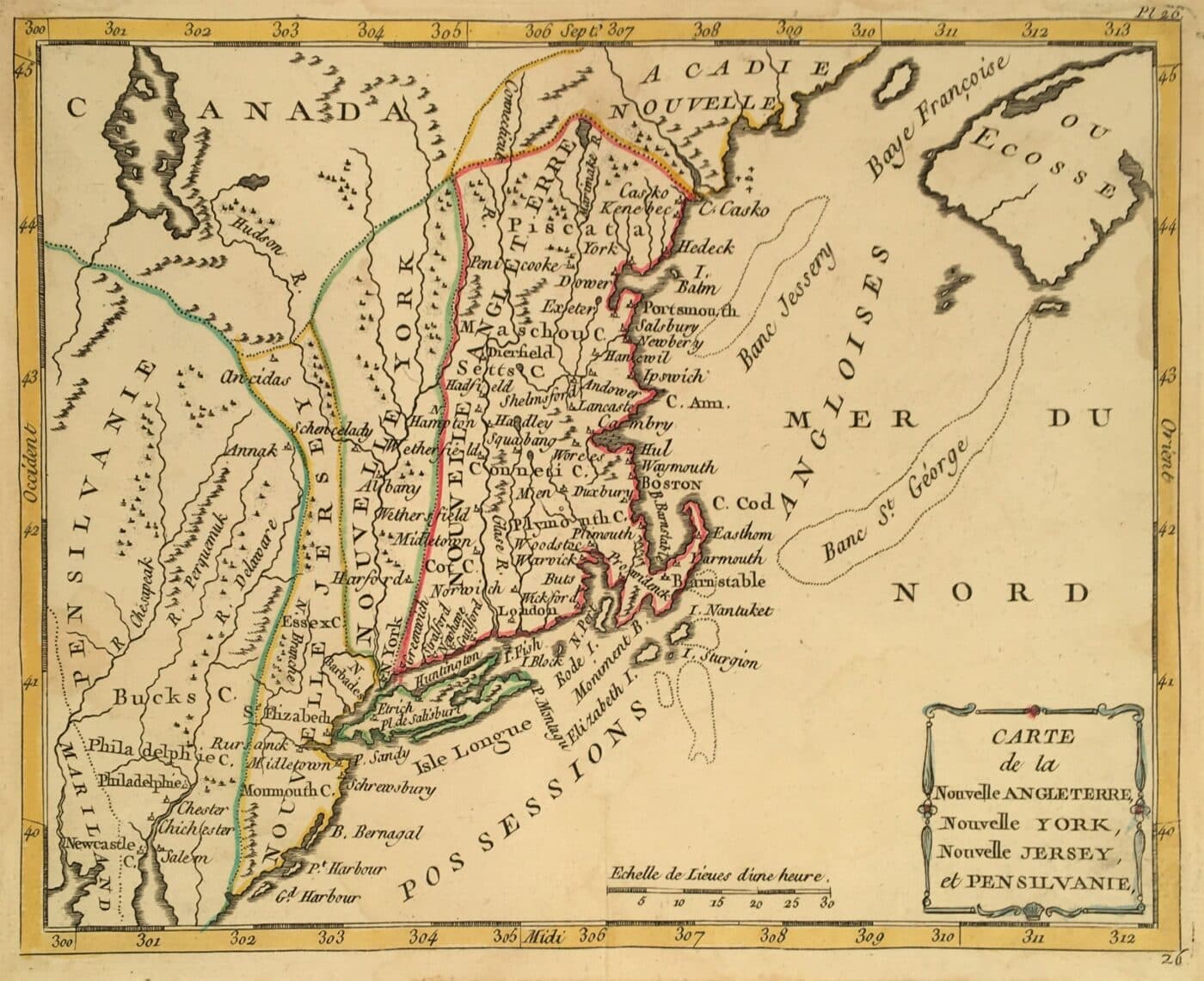 Carte de la Nouvelle Angleterre, Nouvelle York, Nouvelle Jersey et Pensilvanie