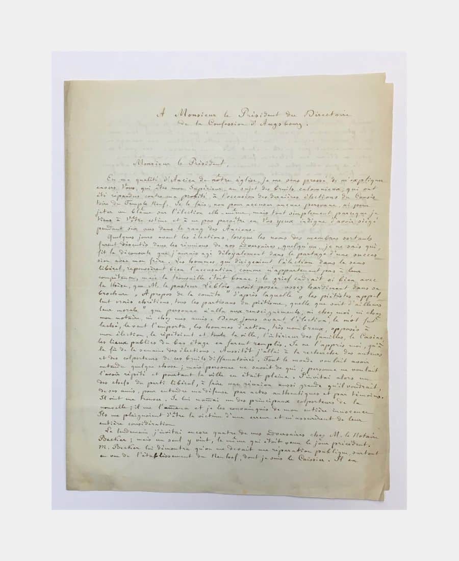 Lettre autographe du pasteur Hackenschmidt adressée au Président du Directoire de la Confession d'Augsbourg, Théodore Braun