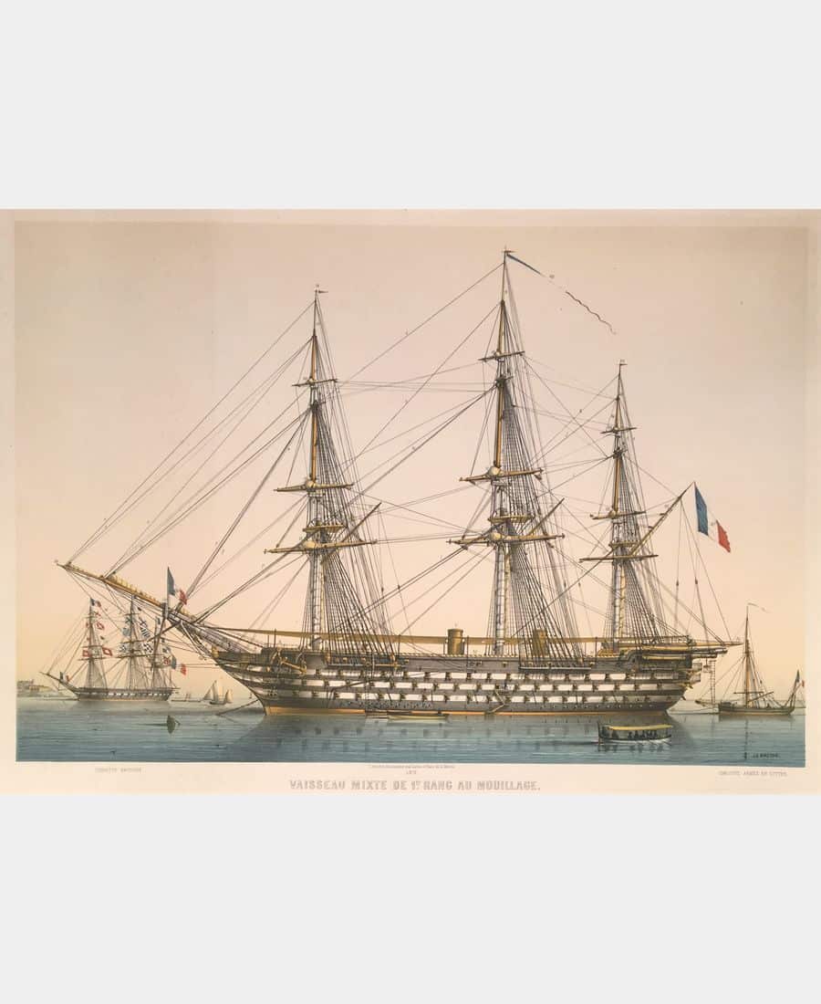 Vaisseau mixte de 1er rang au mouillage, corvette pavoisée, chaloupe armée en cutter.