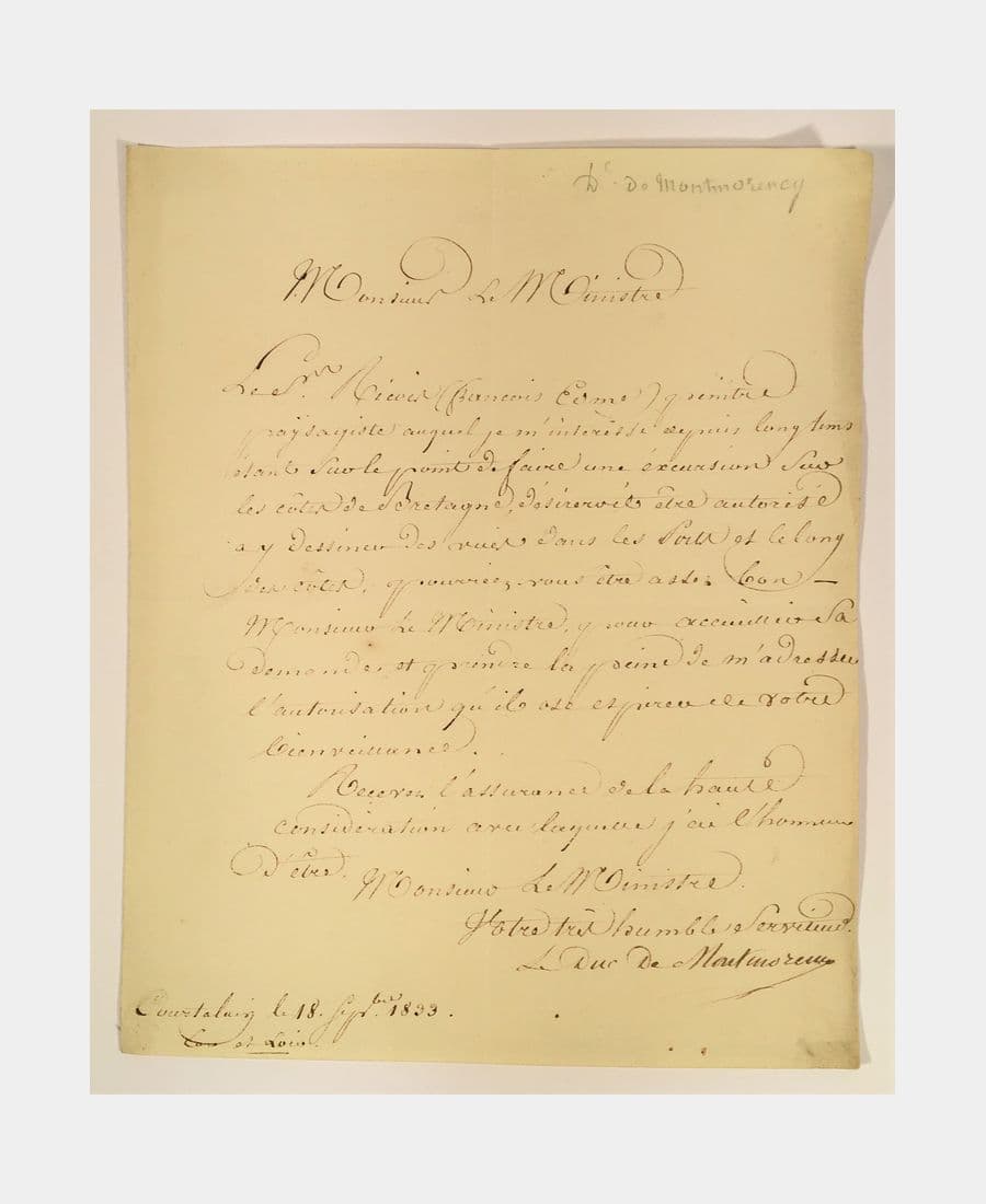 Lettre du Duc de Montmorency adressé au Ministre demandant une autorisation pour le peintre Ricois